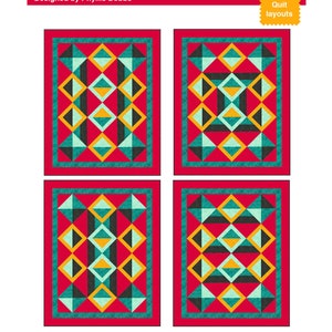 Puede incluir: Un diseño de edredón titulado "Quilters Dream" con el texto "Create an optical illusion" y "Designed by Phyllis Dobbs." La imagen muestra cuatro diseños de edredón con patrones geométricos en verde azulado, amarillo, negro y rojo. El diseño incluye el texto "Create 4 Quilts" y "4 Quilt layouts."