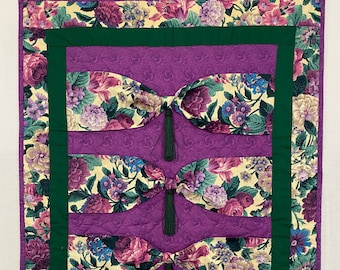 Bows Quilt with Tassels, Colorful Purple Green Floral, Wall Hanging, Dimensional Quilt, Original Design, Hand Quilted FREE US SHIPPING