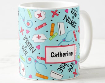 Love A Nurse Custom Name Personalized Turquoise Blue  11 oz Ceramic Mug Nursing Accessories, Beverage Gift, Medical Design Art FREE SHIPPING