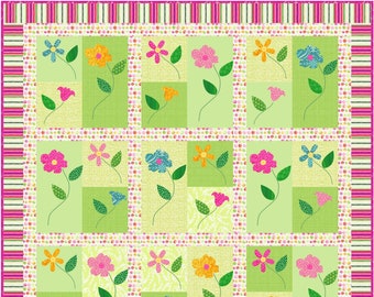 Floral Dance Quilt Pattern, Applique Flowers and Leaves, Spring Garden Asymmetrical Blocks - INSTANT PDF DOWNLOAD