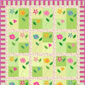 May include: A green and white quilt with a repeating pattern of colorful flowers. The flowers are in shades of pink, blue, yellow, and orange. The quilt is bordered with pink and green stripes.