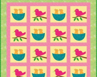 Birds Spring Arrival Quilt Pattern, Applique Birds Nest, Baby Birds, Mama Bird on Branch, Leaves, Scrap Quilt Precuts INSTANT PDF DOWNLOAD