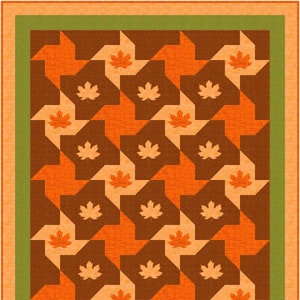 Peut inclure: Une courtepointe marron et orange avec un motif géométrique de feuilles d'érable. La courtepointe a une bordure verte.