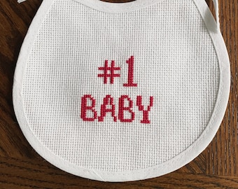 Counted Cross Stitch Finished Baby Burp Bib, White Trim and 14 Count Aida Cloth, Cross Stitch Words Red Number 1 Baby, FREE SHIPPING