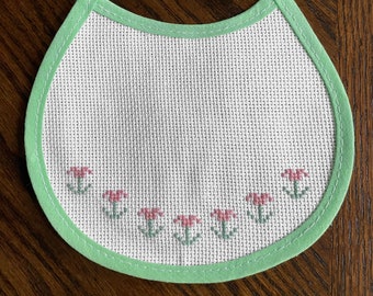 Counted Cross Stitch Finished Baby Burp Bib, Green Trim and 14 Count Aida Cloth, Feminine Cross Stitch Flowers, FREE SHIPPING