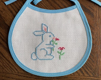 Counted Cross Stitch Finished Baby Burp Bib, Blue Trim and 14 Count Aida Cloth, Cross Stitch Blue Bunny Rabbit, FREE SHIPPING