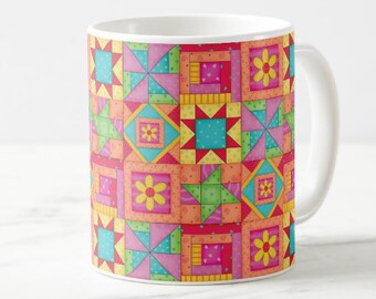 Quilt Art Blocks Bunte mehrfarbige Tasse, Patchwork Tasse, Quilt Original Kunst, Traditionelle Blöcke, Quilter Tasse, Quilt Liebe KOSTENLOSER US-VERSAND