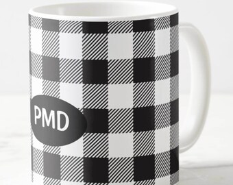 White and Black Buffalo Plaid Monogram Initials Name Personalized 11 oz Mug - FREE US SHIPPING  Beautiful Quality, Popular Trend Plaid Check