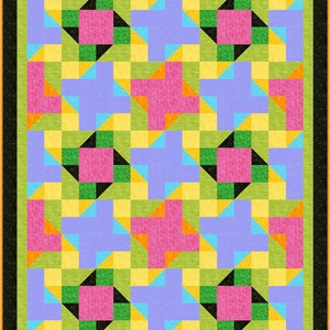 Puede incluir: Un patrón de colcha con un diseño repetitivo de cuadrados y triángulos en tonos de verde, amarillo, rosa, azul y naranja.
