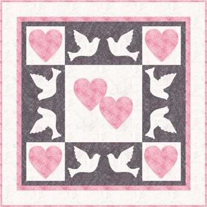 Dove and Heart Applique Wedding Quilt Gift, Optional name, initial, date embroidery, Valentine,  INSTANT DOWNLOAD