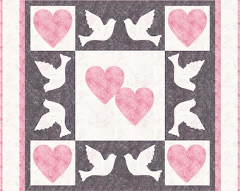 Dove and Heart Applique Wedding Quilt Gift, Optional name, initial, date embroidery, Valentine,  INSTANT DOWNLOAD