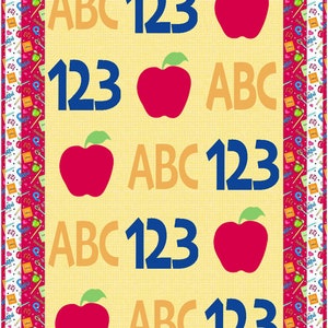 Puede incluir: Un fondo amarillo con una manzana roja y las letras ABC y los números 123 en azul y naranja. El fondo está rodeado por un borde rojo con un patrón blanco y verde.