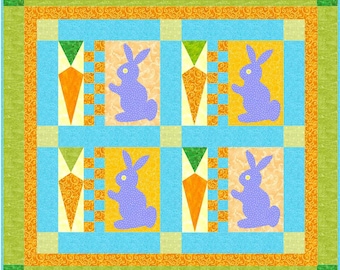 Cottontails Bunny and Carrot Quilt Pattern, Pieced and Applique Blocks, Easter, Kids, Baby Nursery Quilt - INSTANT PDF DOWNLOAD