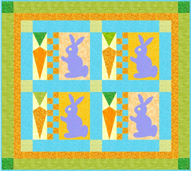 Cottontails Bunny and Carrot Quilt Pattern, Pieced and Applique Blocks, Easter, Kids, Baby Nursery Quilt INSTANT PDF DOWNLOAD image 1