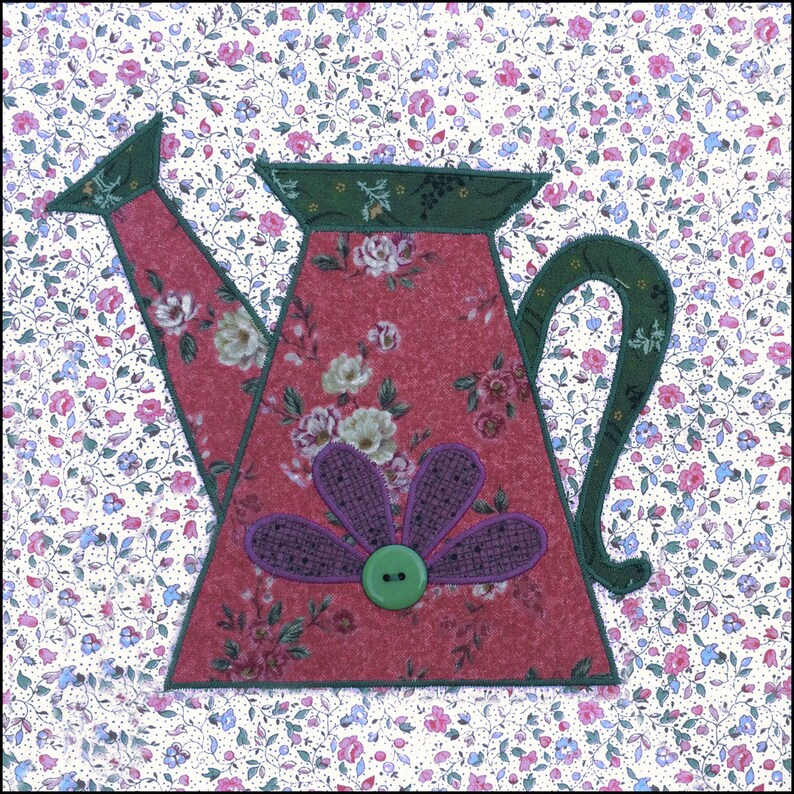 Watering Can Applique Quilt Block Pattern With Flower Applique, Button Embellishment INSTANT PDF