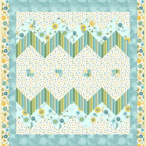 May include: A quilt with a blue and green chevron pattern in the center, surrounded by a border of yellow flowers on a white background. The border is surrounded by a blue and green patterned border.