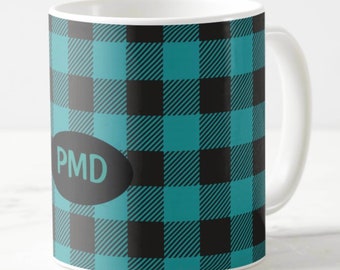 Teal Turquoise Blue Black Buffalo Plaid Monogram Initials Name Personalized 11 oz Mug - FREE SHIPPING  Top Quality Popular Trend Plaid Check