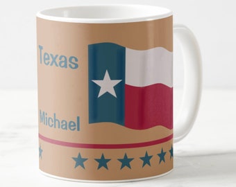 Texas Lone Star Flag Waving Name Personalized Tan Custom Beverage Mug FREE US SHIPPING
