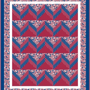 Puede incluir: Un bloque de colcha rojo, blanco y azul con un patrón de chevron. El bloque está rodeado por un borde de pequeñas banderas americanas.