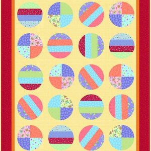 May include: A quilt with a yellow background and a red border. The quilt is made up of 16 circles, each with a different pattern of colorful fabric. The circles are arranged in a 4x4 grid.