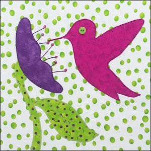 May include: A pink hummingbird with a green button on its chest is flying towards a purple flower with a green stem and leaf. The background is white with green polka dots.
