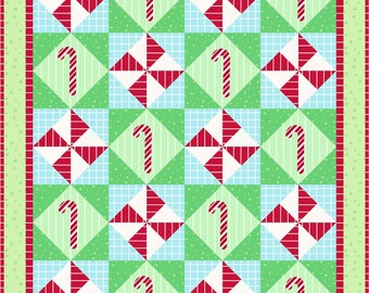 Christmas Peppermint Quilt Pattern, Applique Candy Canes, On-point Pinwheel Block, Holiday Table Runner Easy to Resize INSTANT PDF DOWNLOAD