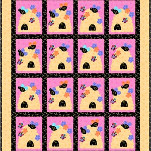 Bee Hive Quilt Pattern, Applique Bees Hive Flowers with Pieced Blocks - INSTANT PDF DOWNLOAD