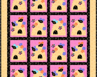 Bee Hive Quilt Pattern, Applique Bees Hive Flowers with Pieced Blocks - INSTANT PDF DOWNLOAD
