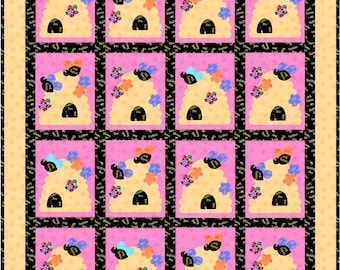 Bee Hive Quilt Pattern, Applique Bees Hive Flowers with Pieced Blocks - INSTANT PDF DOWNLOAD