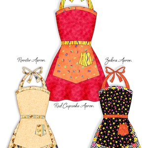 May include: Three different apron designs. The first apron is red with a swirl pattern and a pocket with a yellow, orange, and blue striped design. The second apron is yellow with a rooster pattern and a pocket. The third apron is black with a zebra pattern and a pocket.