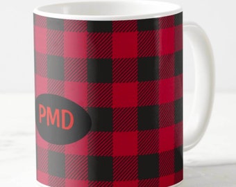 Red and Black Buffalo Plaid Monogram Initials Name Personalized 11 oz Mug - FREE US SHIPPING  Beautiful Quality, Popular Trend Plaid Check