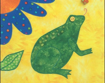 Garden Frog Applique Quilt Block Pattern, Leaf, Sun, Button and Beads - INSTANT PDF DOWNLOAD