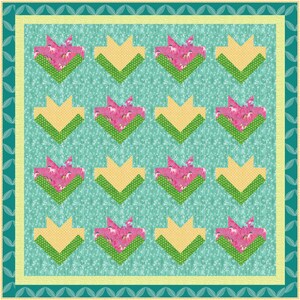 May include: A teal blue quilt with a yellow and green geometric pattern. The quilt features a repeating pattern of yellow and green triangles, with a pink and white floral print in the centre of each triangle.