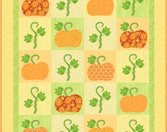 Pumpkin Time Pieced Quilt Pattern, Applique Pumpkins, Vines and Leaves, Thanksgiving, Fall, Whimsy - INSTANT PDF DOWNLOAD