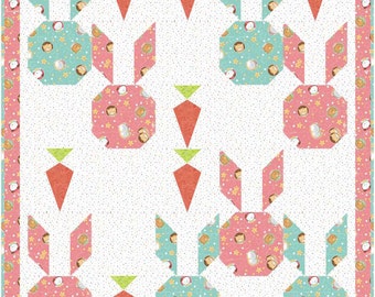 Bunny and Carrot Quilt Pattern, Two Block Pieced Rabbit, Carrot Blocks, Easter Quilt, Kids, Cute Modern, Negative Space - INSTANT DOWNLOAD