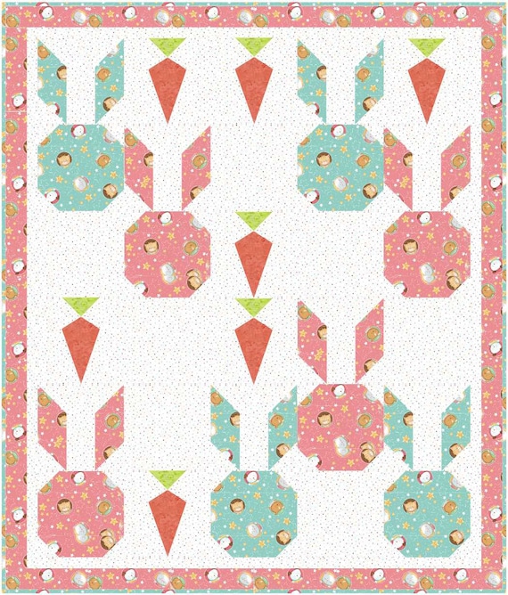 Bunny and Carrot Quilt Pattern, Two Block Pieced Rabbit, Carrot Blocks, Easter Quilt, Kids, Cute Modern, Negative Space - INSTANT DOWNLOAD