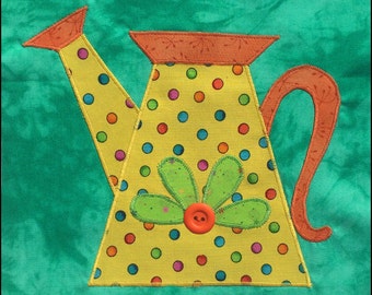 Watering Can Applique Quilt Block Pattern with Flower Applique, Button Embellishment - INSTANT PDF DOWNLOAD