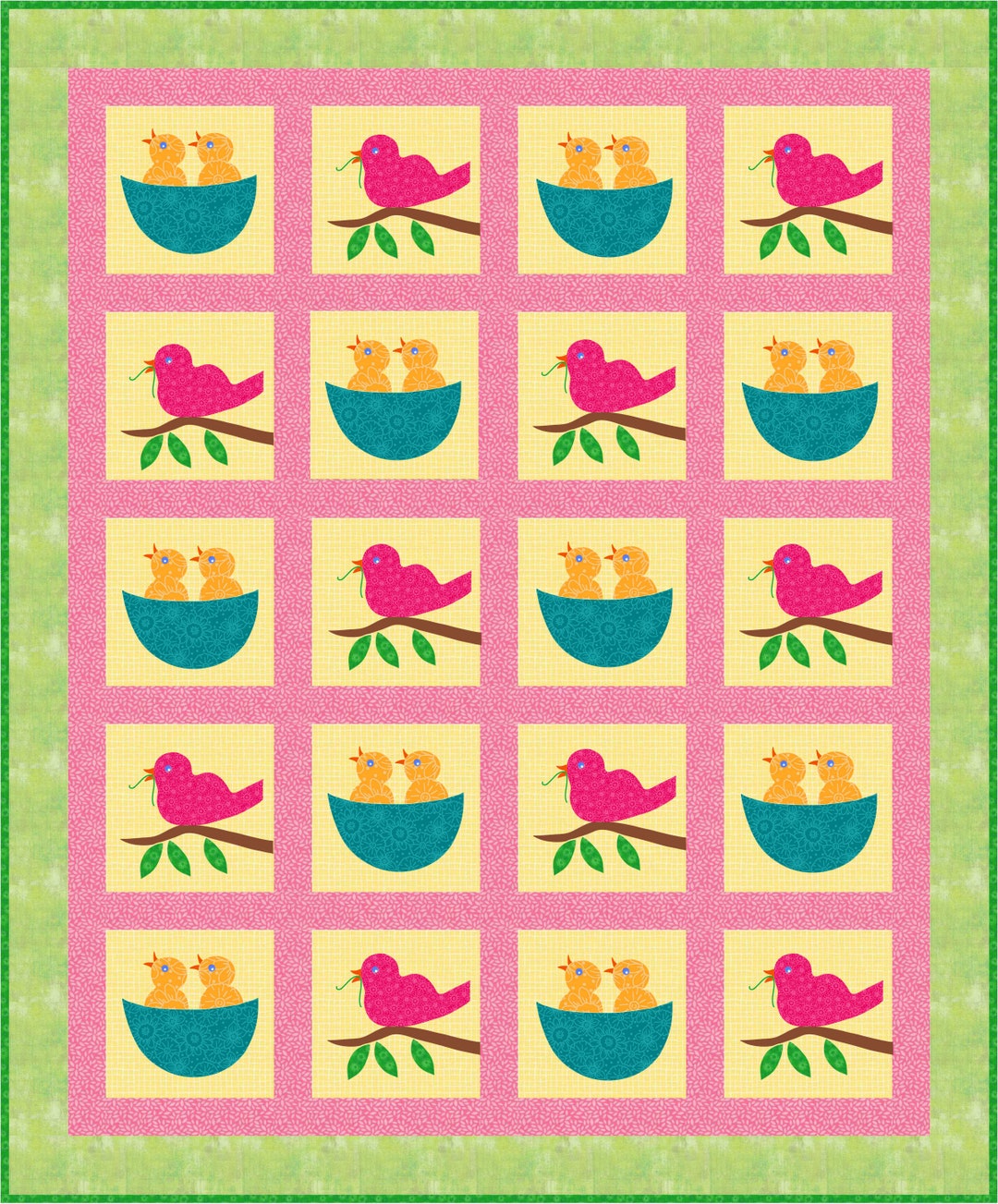 Birds Spring Arrival Quilt Pattern, Applique Birds Nest, Baby Birds ...