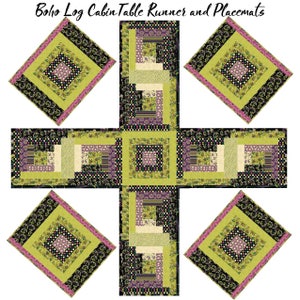May include: A set of four green, black and purple quilted placemats and a matching table runner with a log cabin pattern. The text "Boho Log Cabin Table Runner and Placemats" is at the top of the image.