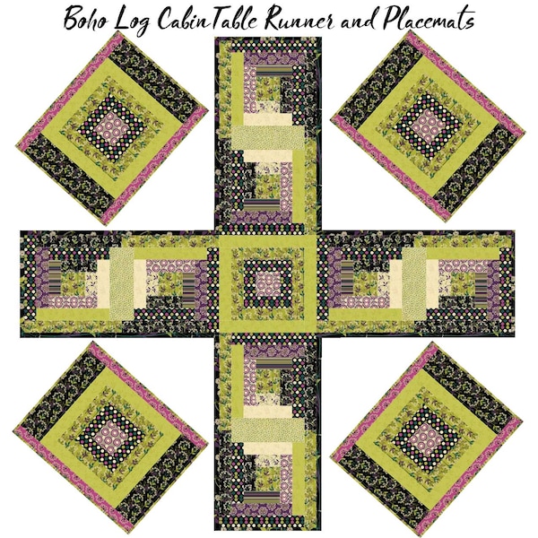 Boho Log Cabin Quilt Four Panel Table Runner Placemats Pattern - INSTANT DOWNLOAD