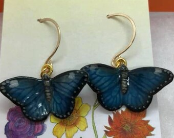 Sweet Porcelain Blue Butterfly earrings on handmade hammered 14K Gold filled round earwires.