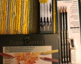 Brand new: Faber Castell Polychromos colored pencils set of 12, permanent India ink Artist pens for linemaking, and F.C 9000 pencil set.