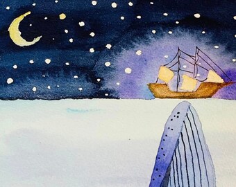May include: A watercolor painting of a blue whale breaching out of the water, with a sailboat in the background under a starry night sky.