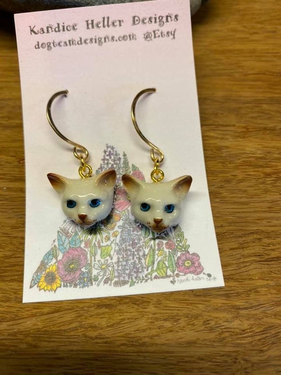 Beautiful White Cat Head Earrings on Handmade 14K Gold Filled