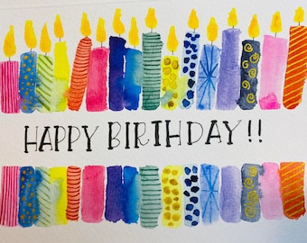 Handpainted Watercolor Happy Birthday cards with candles on Strathmore blank watercolor card with white envelope in cellophane bag.