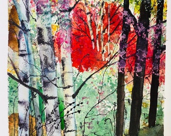 Watercolor of Fall Birches painted on Arches Cold Press 300 lb watercolor paper 9 x 12 inches.