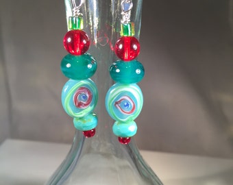 Lampwork Colorful fun and festive  beaded dangly earrings on handmade hammered sterling silver earwires.