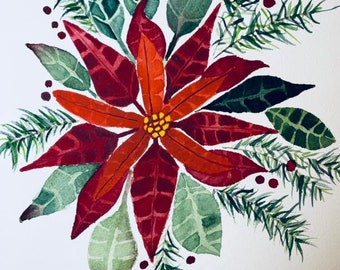 Pintura en acuarela de Poinsettia con hojas y bayas sobre papel Arches Cold Press, 9 x 12 pulgadas.
