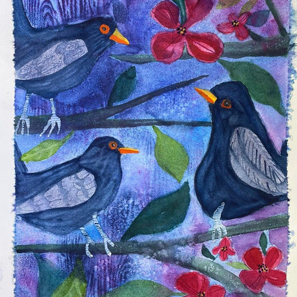 Watercolor painting of Three Birds in Flowered Tree painted on Kilomanjaro Cold press paper, size 12 x 16.