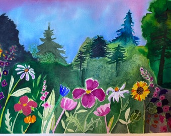 Watercolor Evergreen Floral Meadow painted on Arches 140 lb. Cold Press paper 12 x 16 inches.